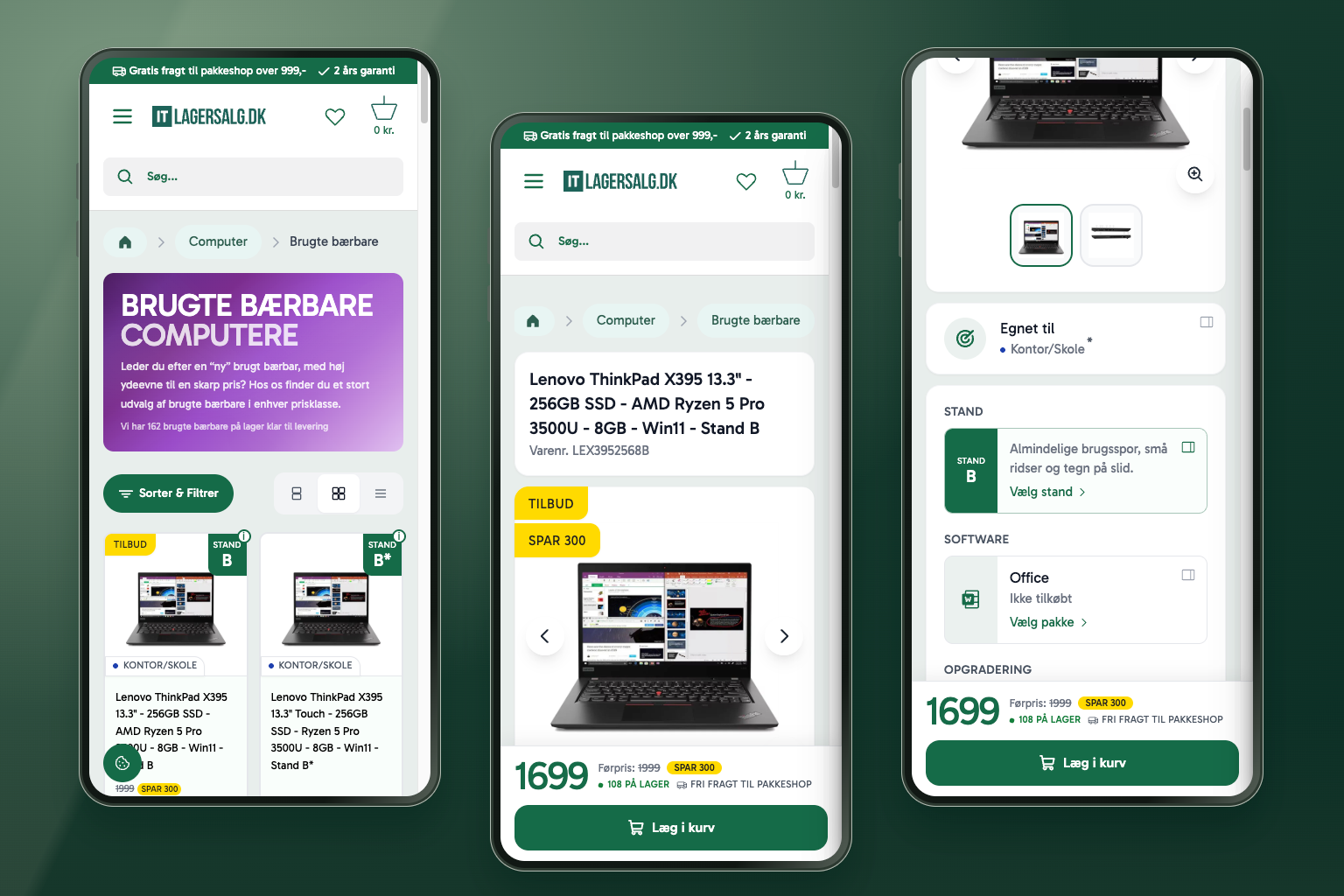Tre mobilmockups med produktoversigt, produktside og valg af stand og software