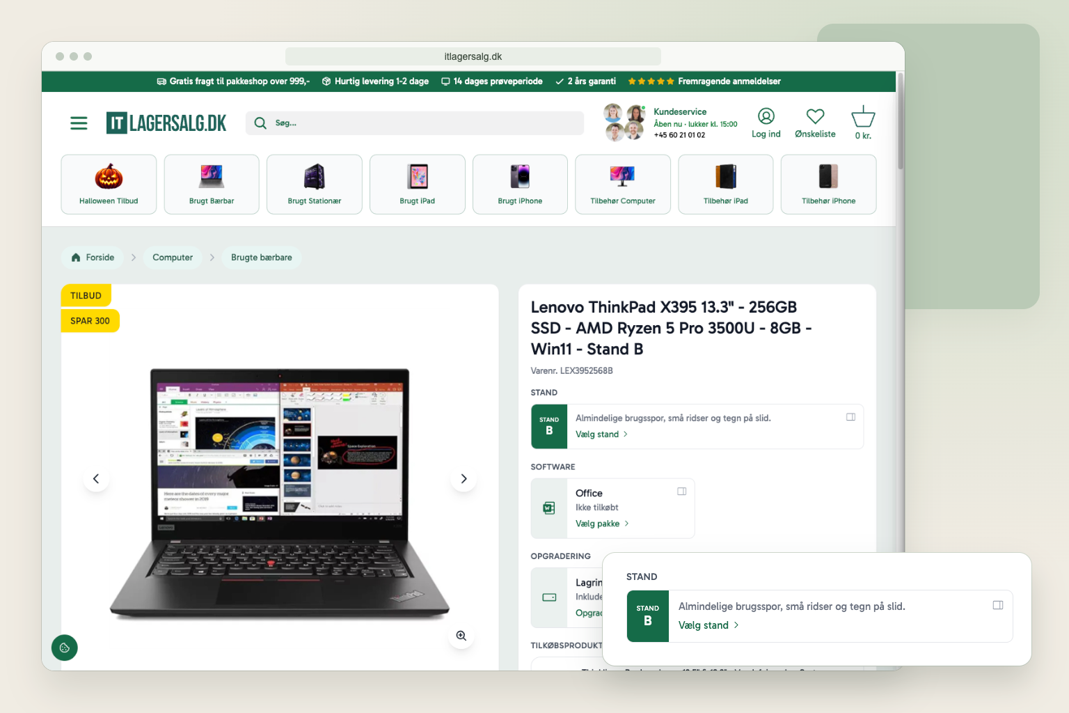 Mockup af produktsiden med produktbillede og et forstørret udsnit af standvælgeren